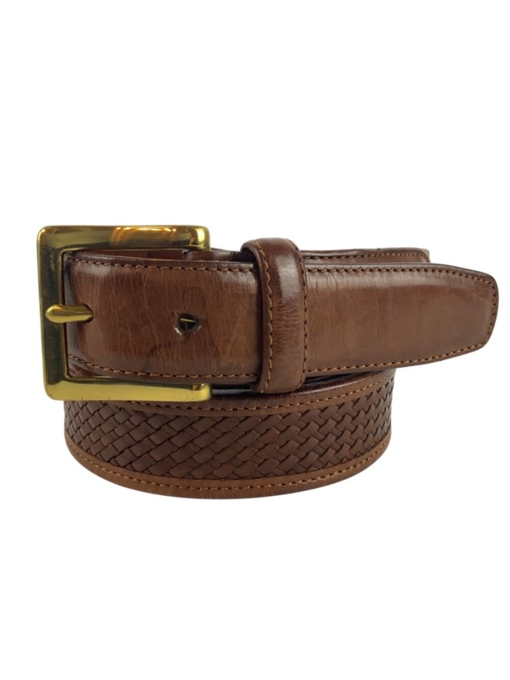 Bragano by Cole Haan Brown Leather Woven Belt With Solid Brass Buckle Size 34